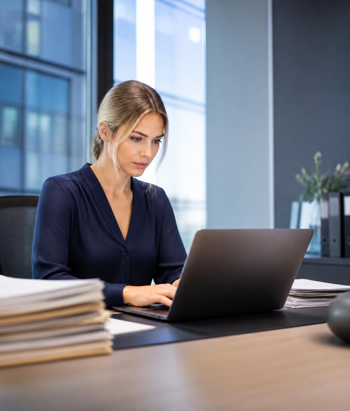 A Yegal paralegal reviewing legal documents at a desk in a law office